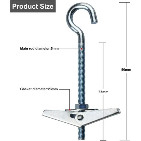 SUPERMARKET 12 Pcs Crochets De Plafond M5 / 90mm Crochet De Fixation Au Plafond En Acier Au Carbone Ressorts A Bascule Aile Boulons Crochets De Plafond Antirouille Pour Plafond Plantes Mur Maison,Superma â Image 2