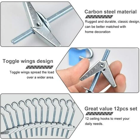 SUPERMARKET 12 Pcs Crochets De Plafond M5 / 90mm Crochet De Fixation Au Plafond En Acier Au Carbone Ressorts A Bascule Aile Boulons Crochets De Plafond Antirouille Pour Plafond Plantes Mur Maison,Superma â Image 3