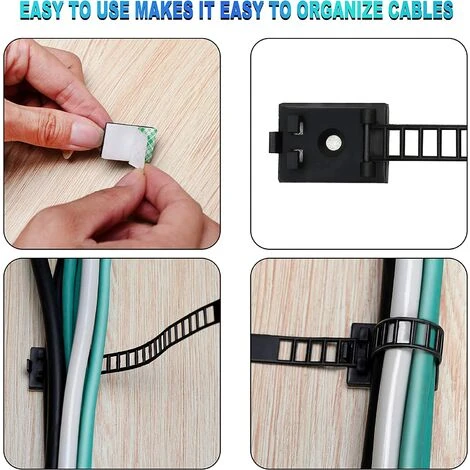 MACARON Clips Pour Cable, Attaches De Cable Clips De Câble Adhesive Attaches Ajustables En Nylon Pour Cable Et Colliers De Câble Adhésifs Pour Organiseur De Fils Electriques TV, Chargeur(100 Pièces)LO-Ron – Image 4