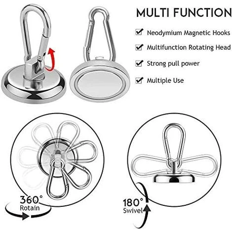 MEZHENG Crochets Magnétiques , Aimant En Néodyme Super Résistant De 60 Lb Avec Crochet à Mousqueton Amovible, Crochets Magnétiques Robustes Pour Le Bureau De Bourses De Cuisine Grill, Paquet De 2 – Image 3
