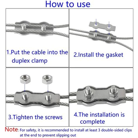 TINOR M3 Duplex Clips Serre-câbles En Acier Inoxydable 304 Pinces Duplex Pour Filin Pour Cordes à Linge En Câble Métallique Voiles De Soleil Suspendues Patio Fixe 8 Pièces â Image 5